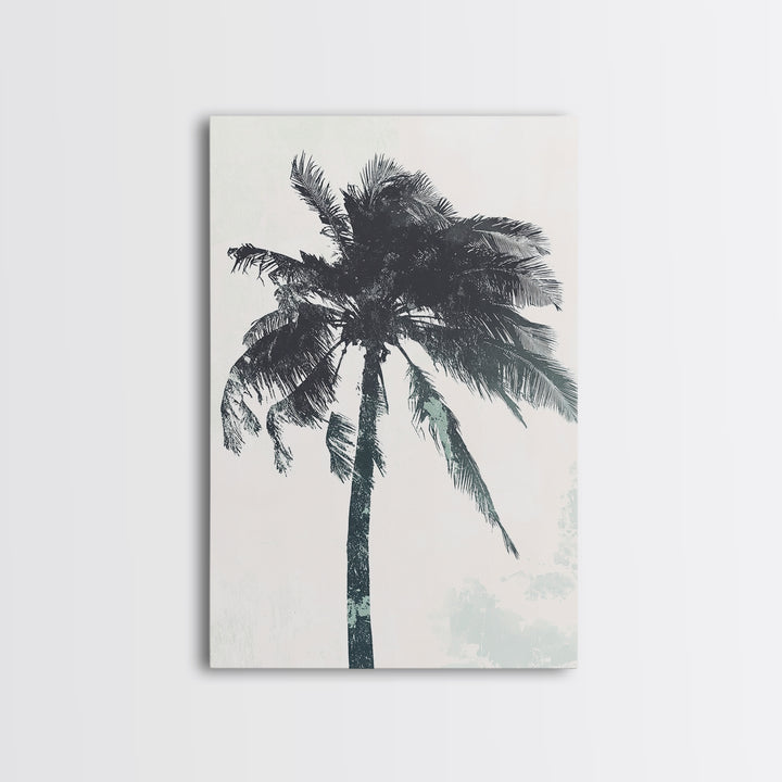 Palm Tree In The Wind, Framed Canvas Print, Wabi Sabi Watercolor Painting of a Palm Tree, Statement Piece Art