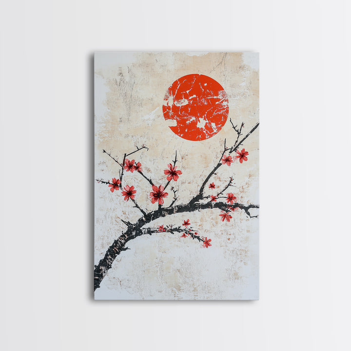 Cherry Blossoms and Sunset Framed Canvas Print - Minimalist Wabi Sabi Wall Art - Cherry Blossoms Painting - Home Decor - Japanese Style Art