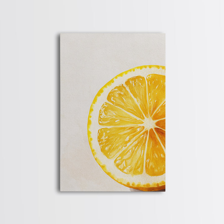 Closeup of a Lemon Wedge Framed Canvas Print, Original Still Life Painting of a Lemon, Housewarming Gift, Kitchen Food Wall Art, Kitchen Decor