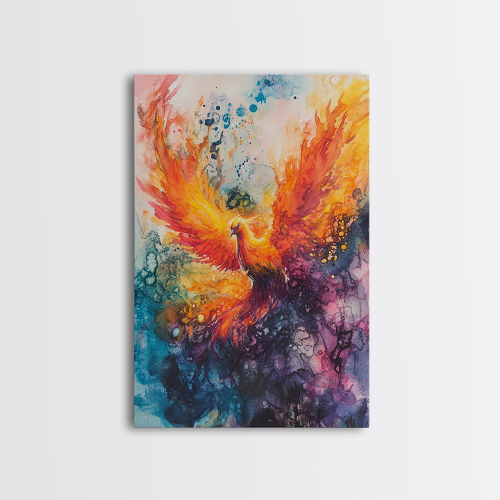 Rising Phoenix Canvas Print Wall Art - Majestric Watercolor Painting On Vertical Canvas, Framed and Ready To Hang, Hardware Included