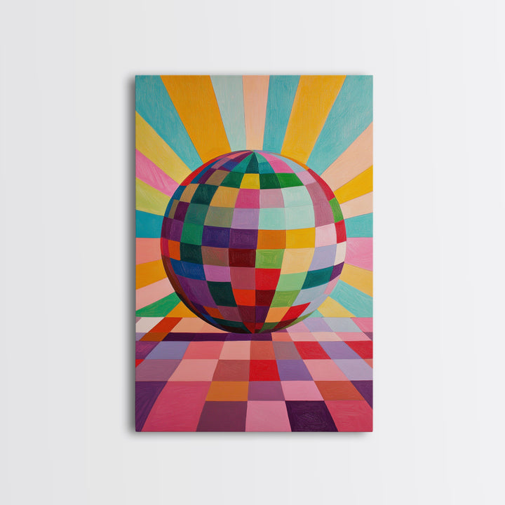 Abstract Disco Ball Painting Canvas Print, Wood Framed Art, Original Art, Disco Ball Art, Disco Ball Poster, Rainbow Disco Ball