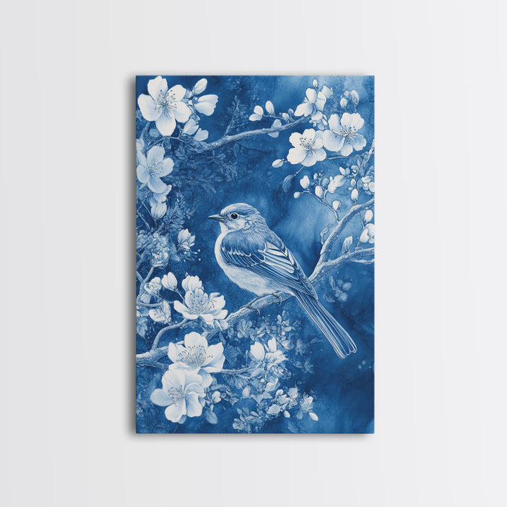 Blue Botanial Wall Art Chinoiserie Wall Art, White Bird, Blue Chinoiserie Home Decor, Botanical Print, Bird Painting, Ready To Hang