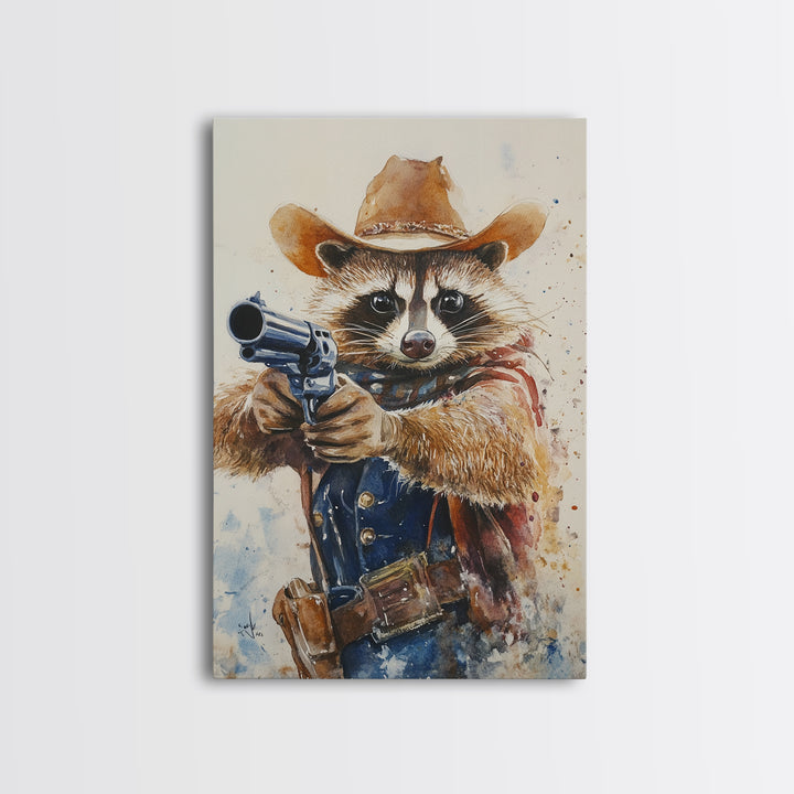 Rootin' Tootin' Racoon Cowboy, Framed Canvas Print, Ready to Hang, Racoon Painting