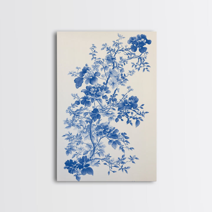 Blue Floral Print, Chinoiserie Wall Art, Framed Canvas, Canvas Art Home Decor, Chinoiserie Style Painting