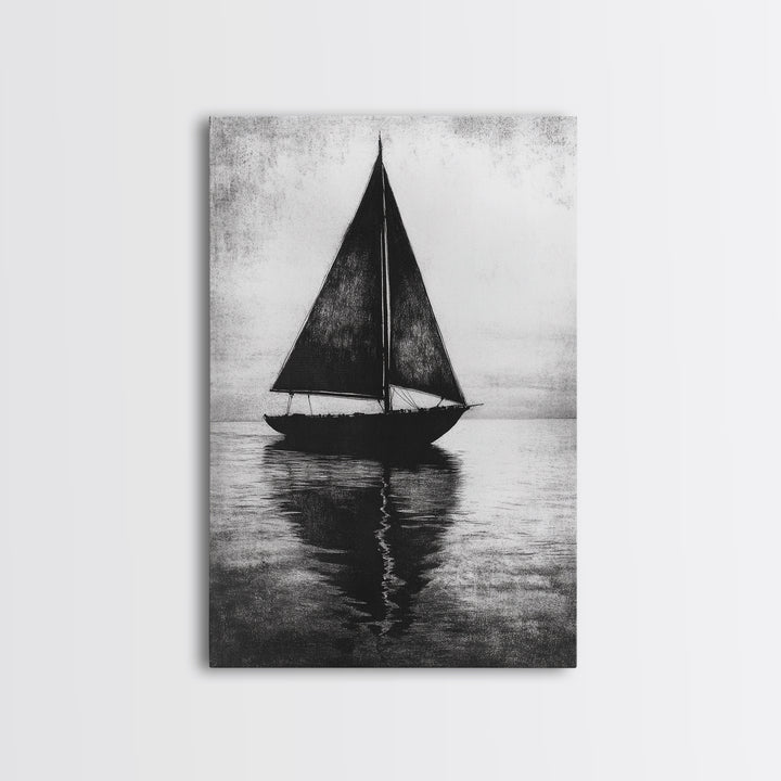Charcoal Sketch of a Sailboat, Framed Canvas Print, Sailboat Painting, Minimalist Home Decor, Nautical Decor, Black and White Sailboat Art