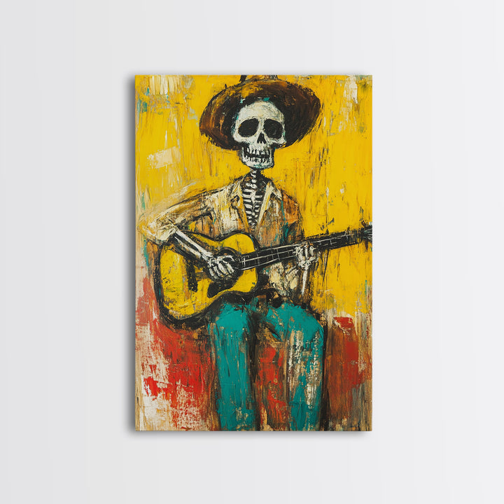 Chicano Canvas Print Of a Cowboy Skeleton Guitarist, Mexicano Art, Chicano Art, Original Artwork, Vaquero Art