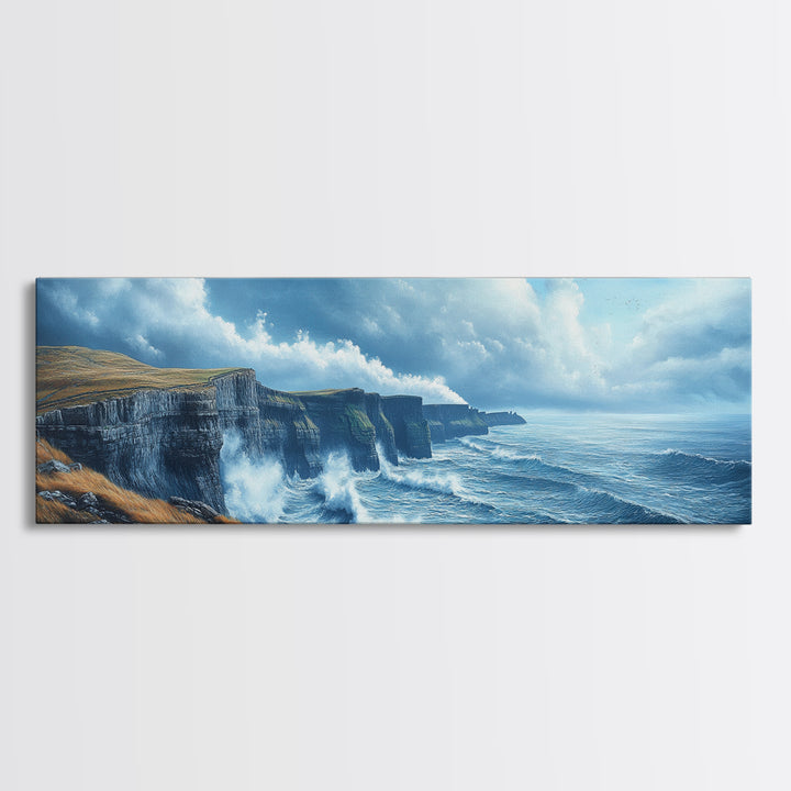 Cliffs of Moher Framed Canvas Print, Ready To Hang Ireland Painting, Irish Art, Ireland Wall Art, Horizontal Extra Large Wall Art