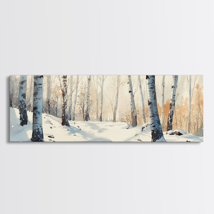Birch Tree Forest In The Snow Covered Winter Framed Canvas Print, Panoramic Wall Art, Original Birch Tree Art, Birch Tree Painting, Horizontal Art