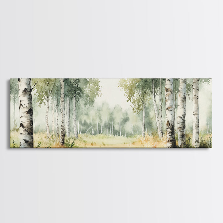 Silver Birch Trees in Spring Panoramic Canvas Print, Panoramic Painting, Aspen Trees Painting, Forest Landscape Horizontal Wall Art