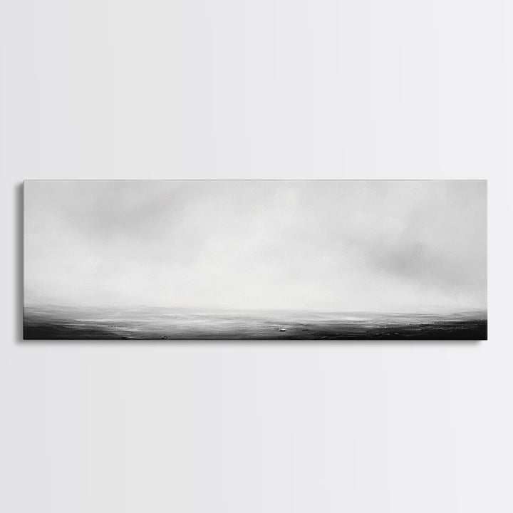 The Sea is Calm Panoramic Canvas Print, Seascape Painting, Black and White Nautical Art, Moody Decor, Muted Art, Subdued Art