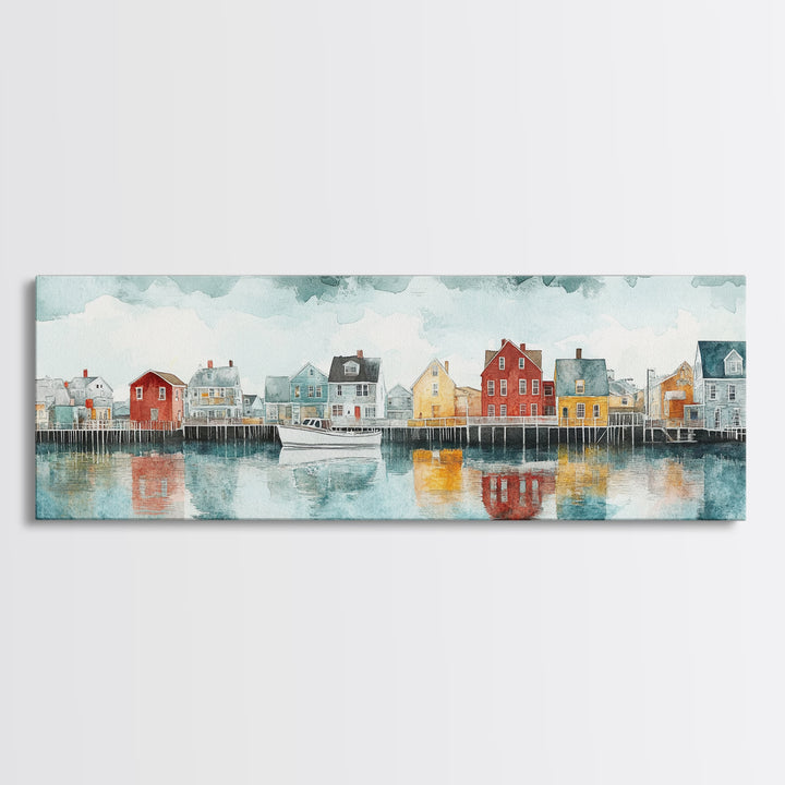 Panoramic Painting Print of Nantucket, Framed Canvas Print, Nantucket Painting, nautical seascape landscape painting, Nautical Decor