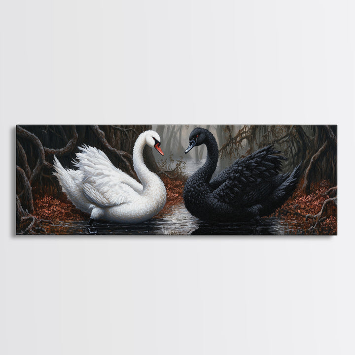 Black and White Swan Form  A Heart, Framed Canvas Print, Swan Painting, Black Swan Art, Dark Romance, Panoramic Art, Gothic Art