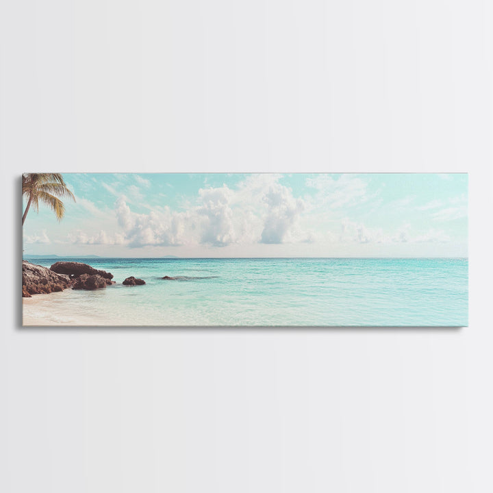 Panoramic Beach Photography Style Canvas Print, Beach House Wall Art, Beach Painting Print, Nautical Decor, Seascape Painting, Boho Art