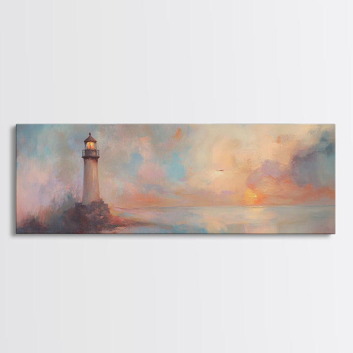 Nautical Home Decor, Whimsical Lighthouse Panoramic Painting Canvas Print, Seascape Painting, Light House Wall Art, Lighthouse Print