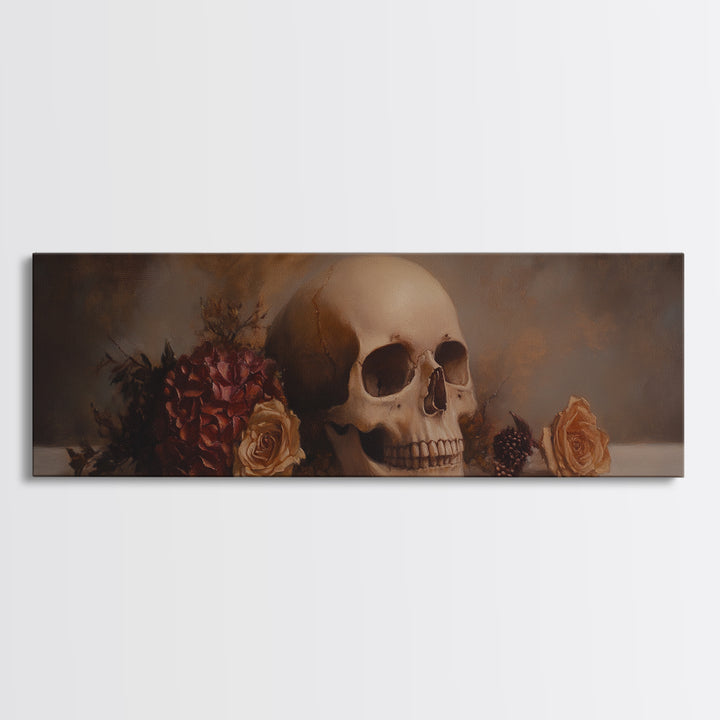 Dark Academia Oil Painting Print Stil Life of a Skull and Flowers, Gothic Home Decor, Goth Art, Witchy Decor, Halloween Art, Moody Decor