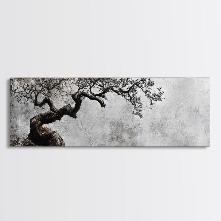 Black and White Bonzai Tree Framed Canvas Print, Wabi Sabi Japanese Style Home Decor, Minimalist Art, Moody Decor, Moody Art
