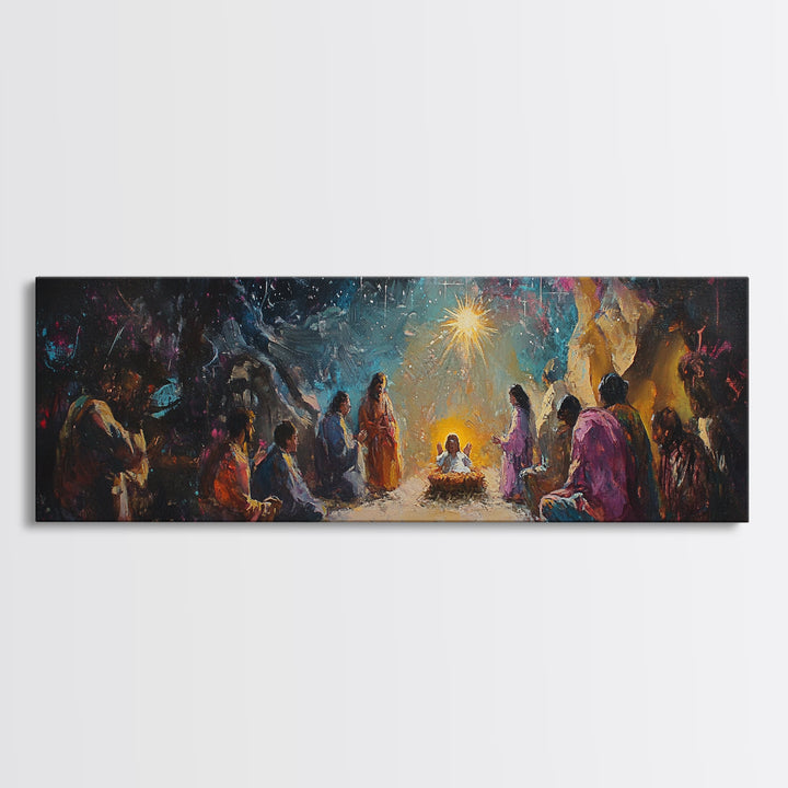 Panoramic Nativity Painting Print, Christmas Decor, Canvas Print, Retro Nativity Scene Oil Painting, Modern Art For Christmas