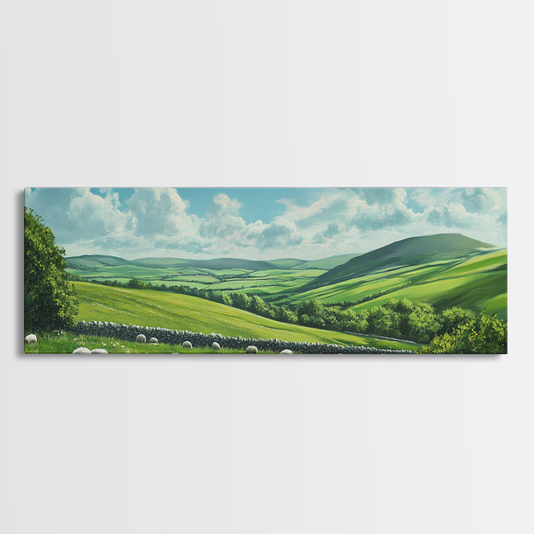 Landscape Painting Print Of The Hills of Ireland, Framed Canvas Print, Ireland Wall Are, Panoramic Home Decor, Horizontal Landscape Art