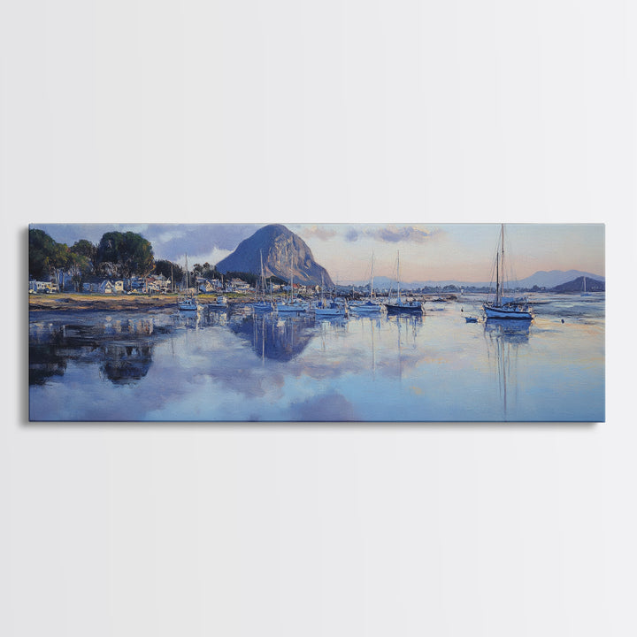 Panoramic Painting Print of Morro Bay California, Painting Morro Bay Framed Canvas Print, California Wall Art, Nautical Seascape Landscape Painting