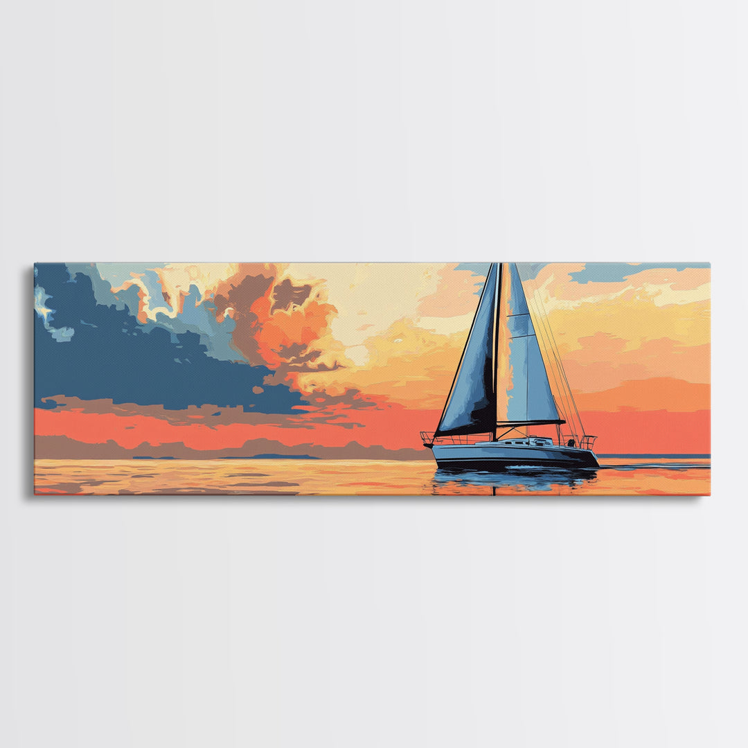 Retro Sailboat Painting Print Framed Canvas - Pop Art Sailboat Painting - Sailboat Wall Art - Nautical Landscape Ocean Painting - Home Decor