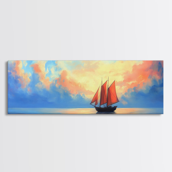 Japanese Sailboat on a Calm Sea, Framed Canvas Print, Panoramic Seascape Landscape Painting, Nautical Home Decor, Ocean Painting