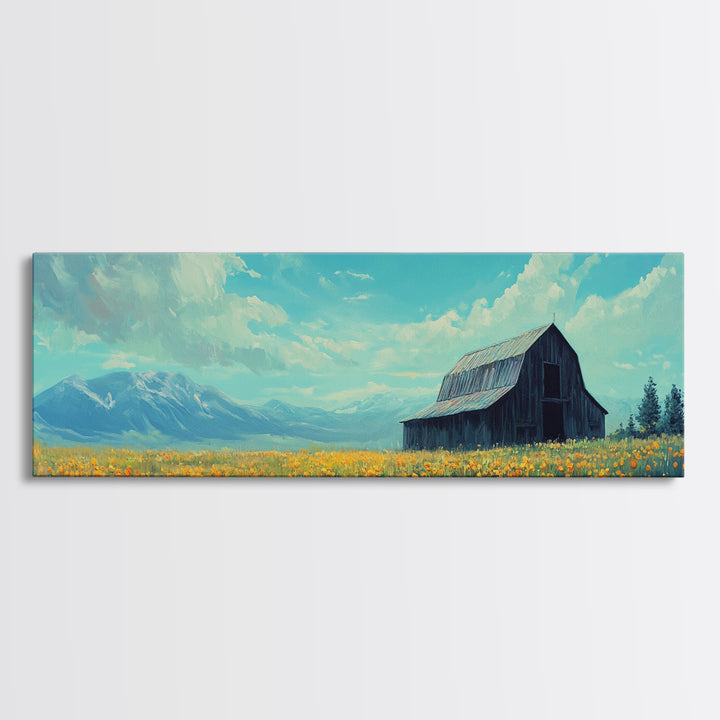 Old Barn In The Spring, Framed Canvas Print, Rustic Farmhouse Decor, Modern Farmhouse, Barn in Field of Wild Flowers, Farm House Art