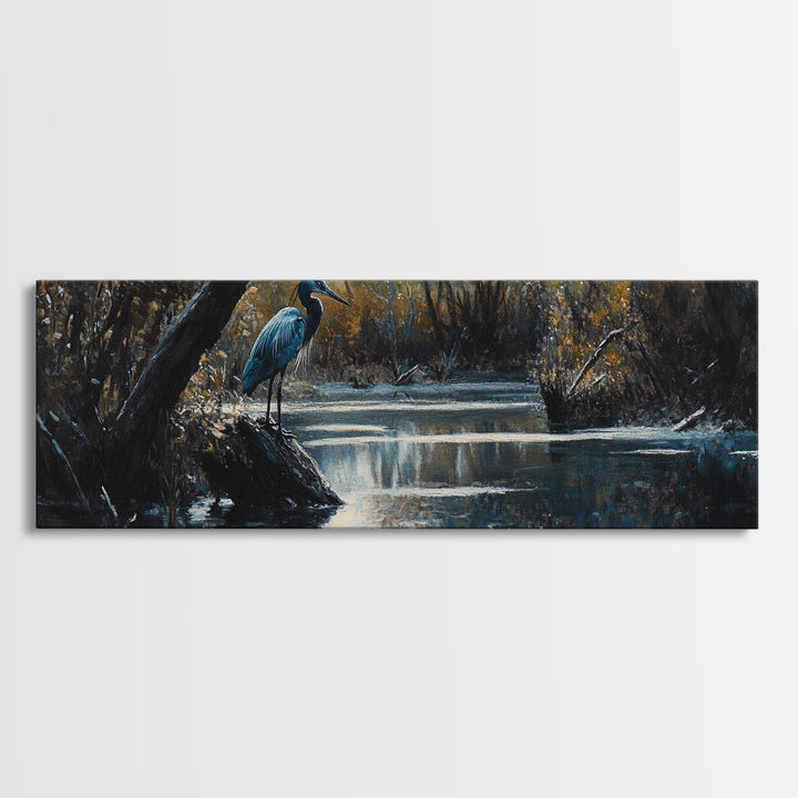 Blue Heron Wall Art, Framed Canvas Print, Nautical Home Decor, Blue Heron Painting, Panoramic Horizontal Wall Art