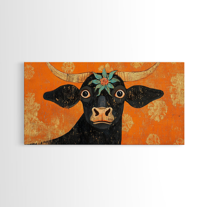 Abstract Wide Eyed Cow, Funny Art, Framed Canvas Print, Chicano Wall Art, Mexican Style Art, Farmhouse Decor, Cow Painting, Cow Print