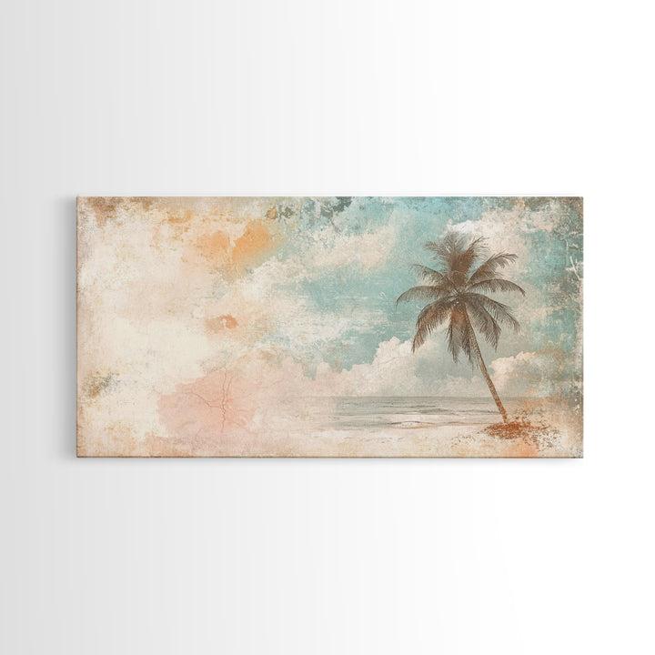 Distressed Painting Print of a Lone Palm Tree on a Beach, Framed Canvas Print, Retro Nautical Landscape Painting, Beach Wall Art, Beach Print