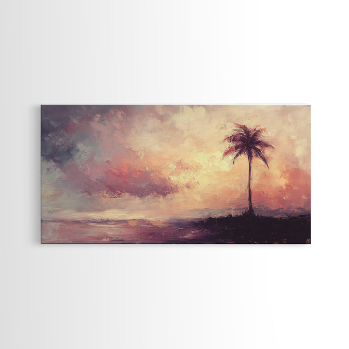 The Beach and the Palm Tree Framed Canvas Print, Nautical Home Decor, Nautical Nursery Art, Moody Beach Painting, Seascape painting