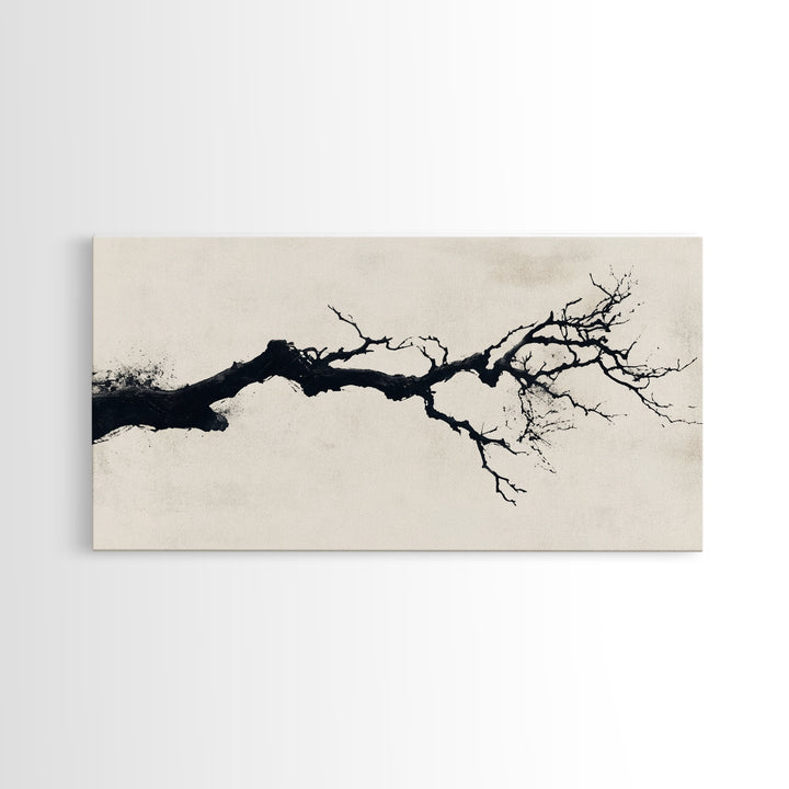 Black and White Wall Art, Framed Canvas Print, Dead Branch Painting on a Black Background, Charcoal Sketch, Charcoal Painting Wall Art