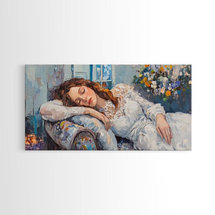 Decadent Young Woman Inspired Wall Art, Framed Canvas Print, Victorian Oil Painting Of a Woman Taking a Nap, Cute Bedroom Decor