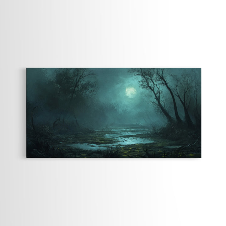 Dark and Moody Wall Art Framed Canvas Print, Oil Painting of a Swamp, Moody Landscape Wall Art