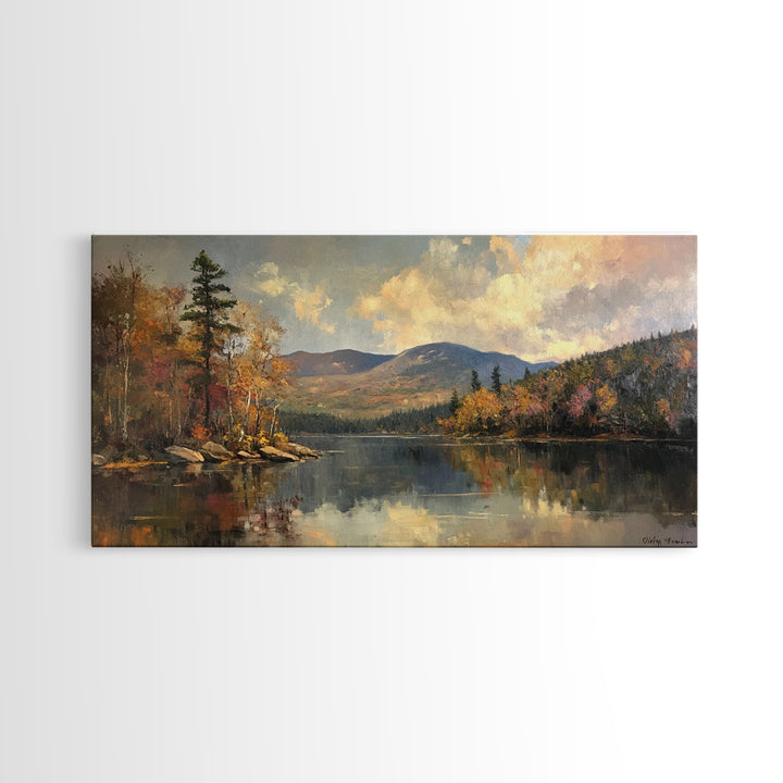 Mountains With Lake French Landscape Panoramic Oil Painting Canvas Print, Canvas with Wood Frame, Modern Living Room Wall Art