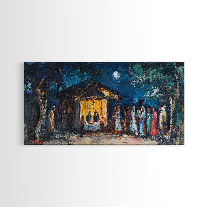 Abstract Oil Painting Print of The Nativity - Framed Canvas Print - Christian Christmas Wall Art - Wood Framed Art - Above Mantle Art