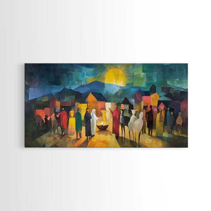 Christmas Nativity Scene Art Print - Framed WalL Art Canvas Print - Mary, Joseph and Baby Jesus in Bethlehem Abstract Oil Painting Print