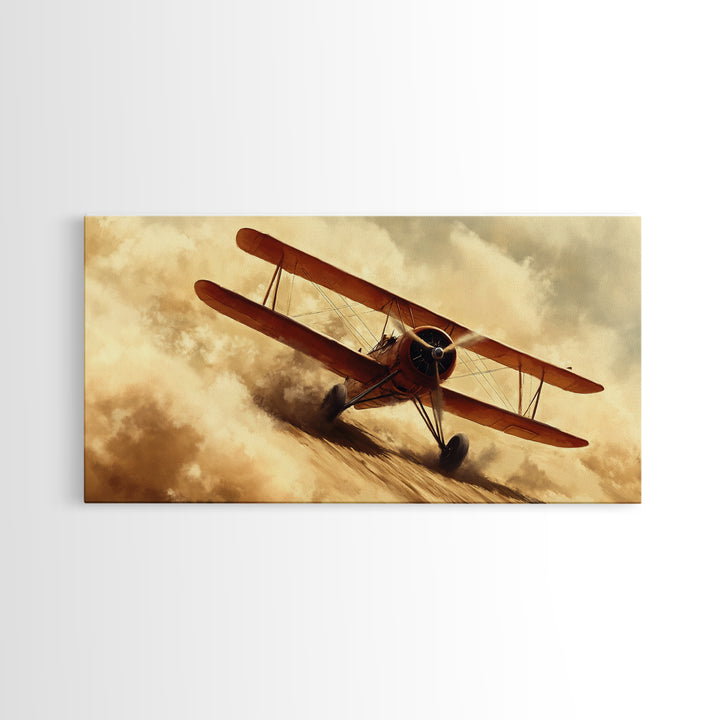 Biplane Taking Off In a Sandstorm, 1920s Airplane Painting, Retro Airplane Wall Art, Gift For Him, Office or Man Cave Wall Art