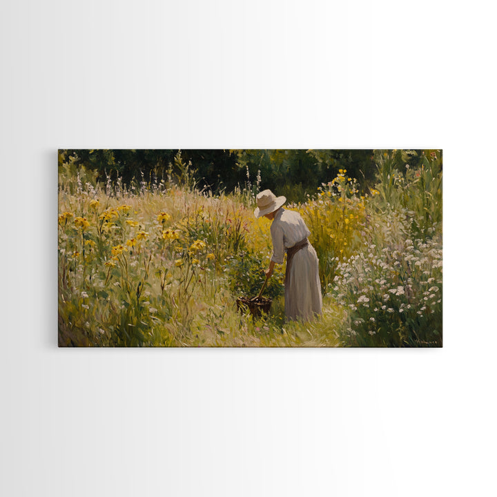 Victorian Oil Painting Print of a Woman In The Garden, Framed Canvas Print, Ready To Hang Art, Woman in Garden Painting Home Decor