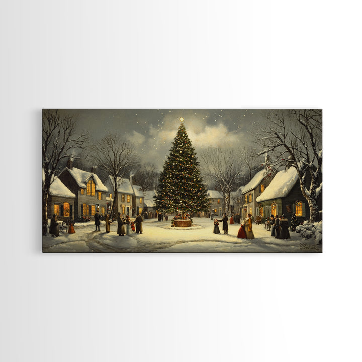 Christmas Village Framed Canvas Print Winter Decor, Canvas Wall Art, Victorian Christmas Oil Painting, Christmas Village Art