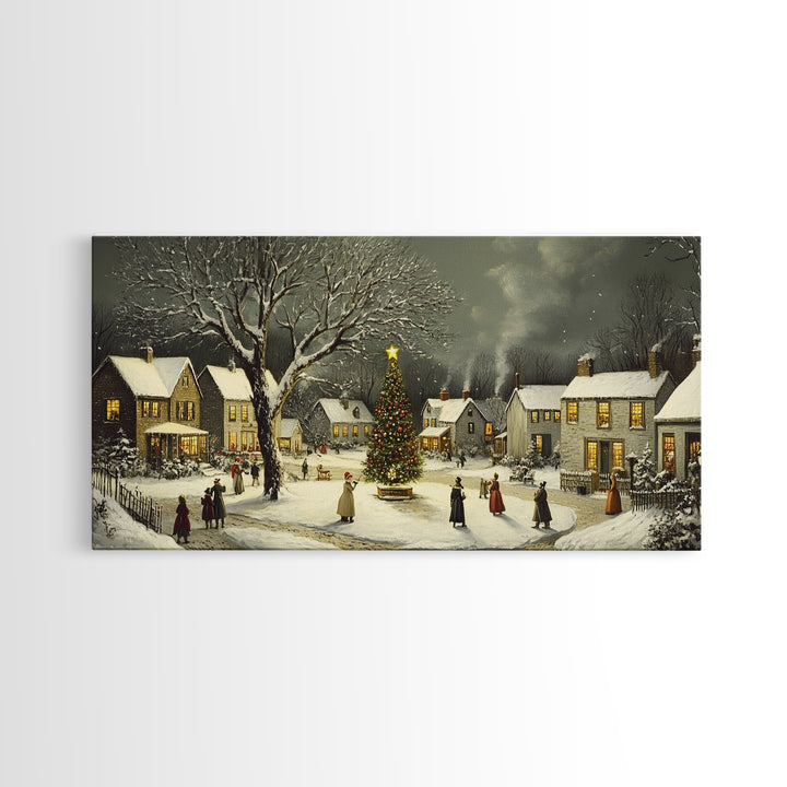 Bustling Christmas Street Scene Oil Painting Canvas Print, Snowy Holiday Night, Festive Victorian Christmas Village Oil Painting, Christmas Decor