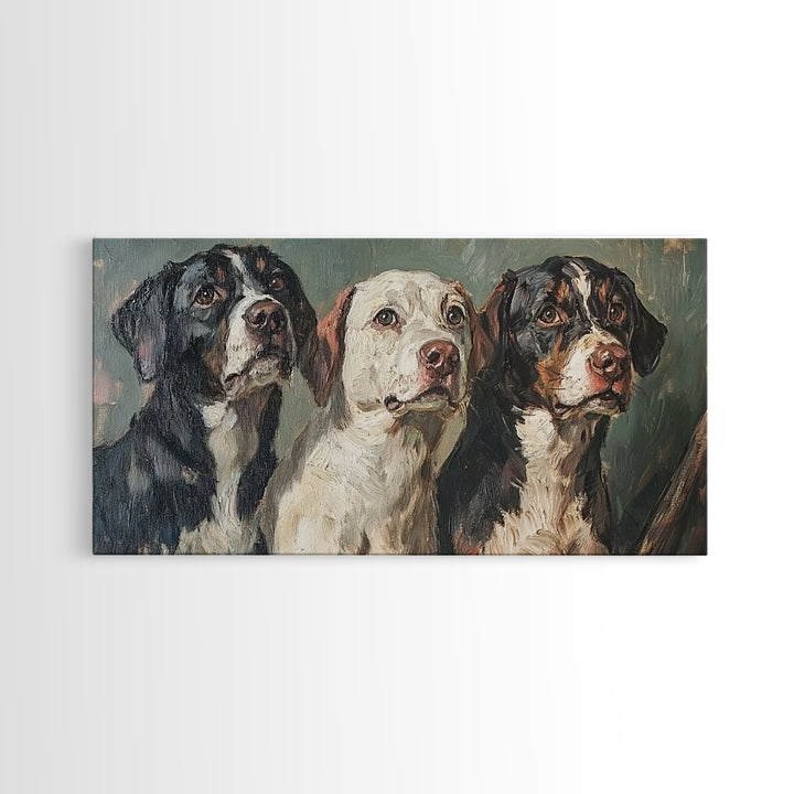 Cute Hunting Dogs Framed Canvas Print, Hunting Dogs Oil Painting, Modern Farmhouse, Traditional Home Decor, Rustic Wall Art, Dog Lover Gift