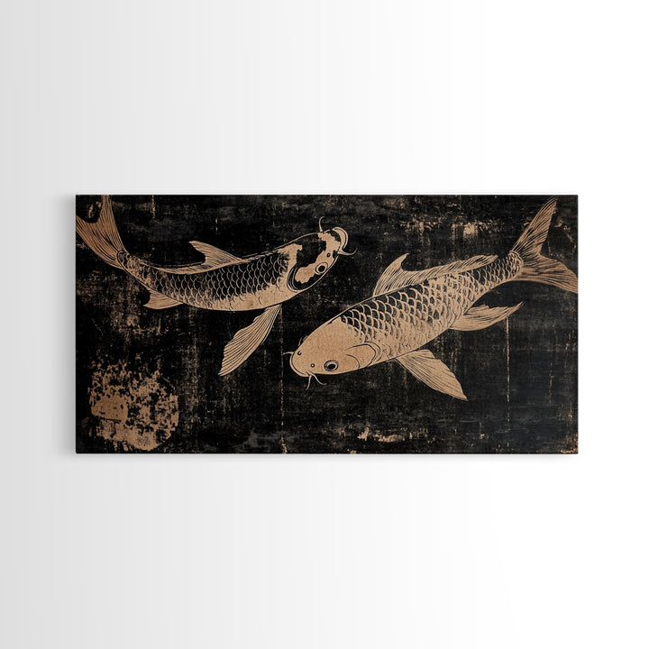 Black and White Koi Fish Oil Painting Print, Elegant Japanese Style Wood Block Print Artwork, Canvas Print Ready To Hang, Centerpiece Art