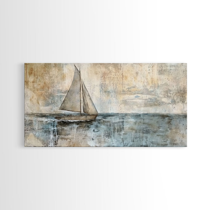 Coastal Sailboat Painting Print, Ready To Hang Art, Framed Canvas, Coastal Art Print For Beach House Decor, Wabi Sabi Sailboat, Inspired Ocean
