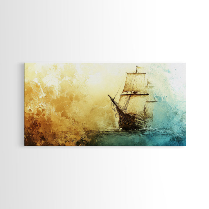 Abstract Pirate Ship Nautical Decor Framed Canvas Print - Nautical Wall Decor - Sailboat Painting - Neutral Wall Decor - Coastal Wall Art