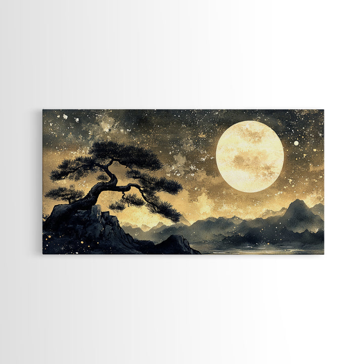 Bonzai Tree Under a Full Moon, Framed Canvas Print Ready To Hang, Minimalist Wabi Sabi Japanese Style Artwork, Above Sofa Wall Art, Home Decor