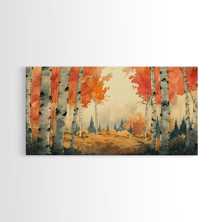 Birch Tree Landscape Painting Print, Accent Piece, Accent Wall Art, Autumn Landscape Canvas Print, Birch Forest Art, Watercolor Birches