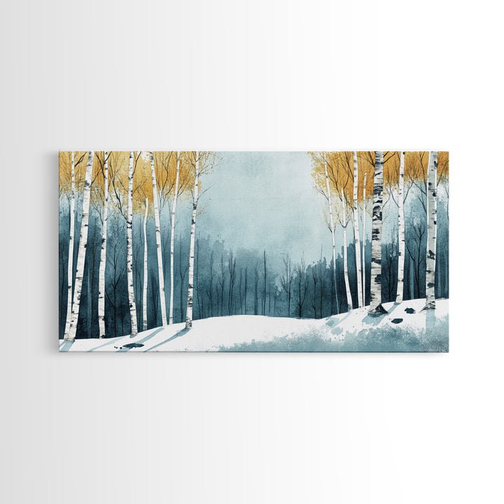 Birch Tree Forest in Winter Framed Canvas Print Ready To Hang Wall Decor, Winter Art, Winter Decor, Birch Painting, Aspen Trees Forest Art