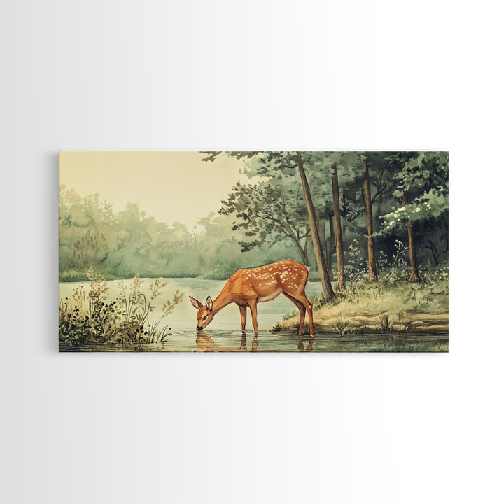 Deer Drinking Water in Forest Painting Print, Deer Painting, Cabin Decor, Cabin Wall Art, Framed Canvas Print, Nature Lover Gift, Nature Art