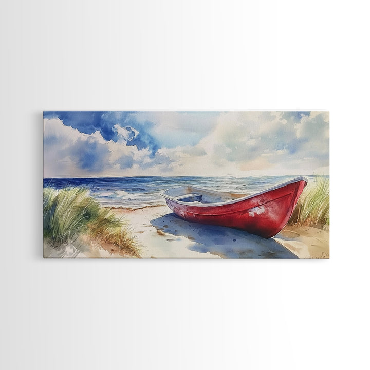 Coastal Decor - Painting of a Canoe On The beach Framed Canvas Print - Maine Painting - Maine Wall Art - Coastal Home Decor - Beach Art