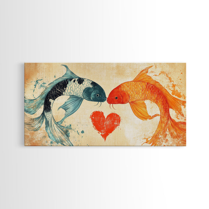 Cute Koi Fish Kissing - Couple Gift Idea - Framed Canvas Print - Valentine's Day Wall Art - Wall Art For Couples - Engagement Gift Idea